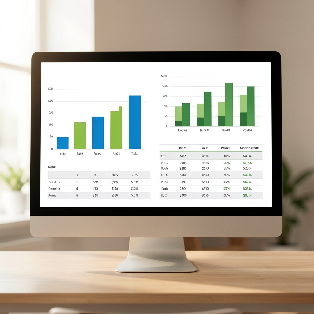 Pantalla de monitor mostrando gráficos de barras comparativos y tablas de porcentajes de un análisis financiero