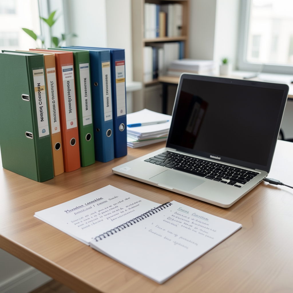 Escritorio de oficina con carpetas de normas contables, una laptop abierta y anotaciones manuscritas sobre principios contables