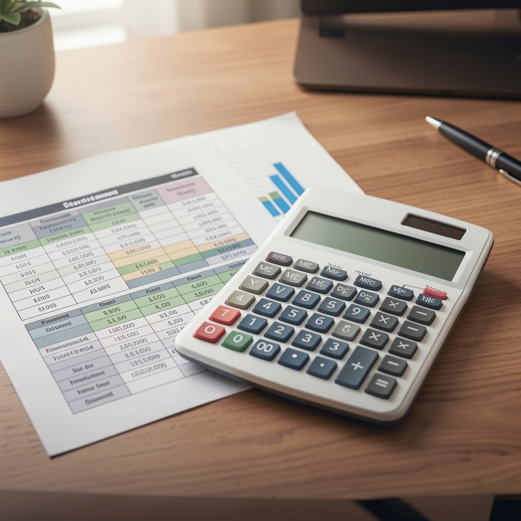 Calculadora financiera sobre un escritorio junto a hojas impresas con tablas de ratios financieros y un gráfico de barras