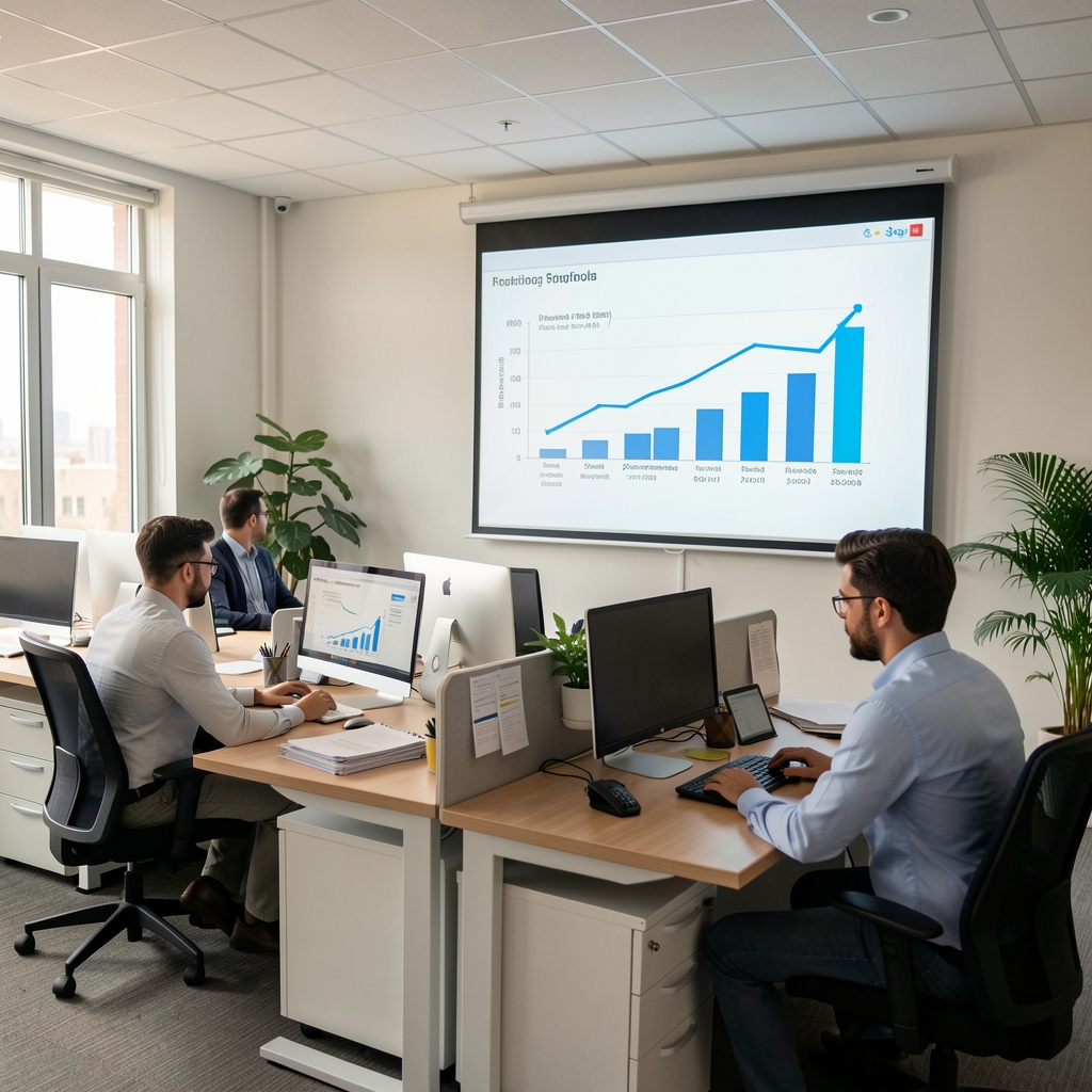 Oficina de servicios profesionales con empleados trabajando en escritorios y gráficos de evolución de gastos proyectados en pantalla