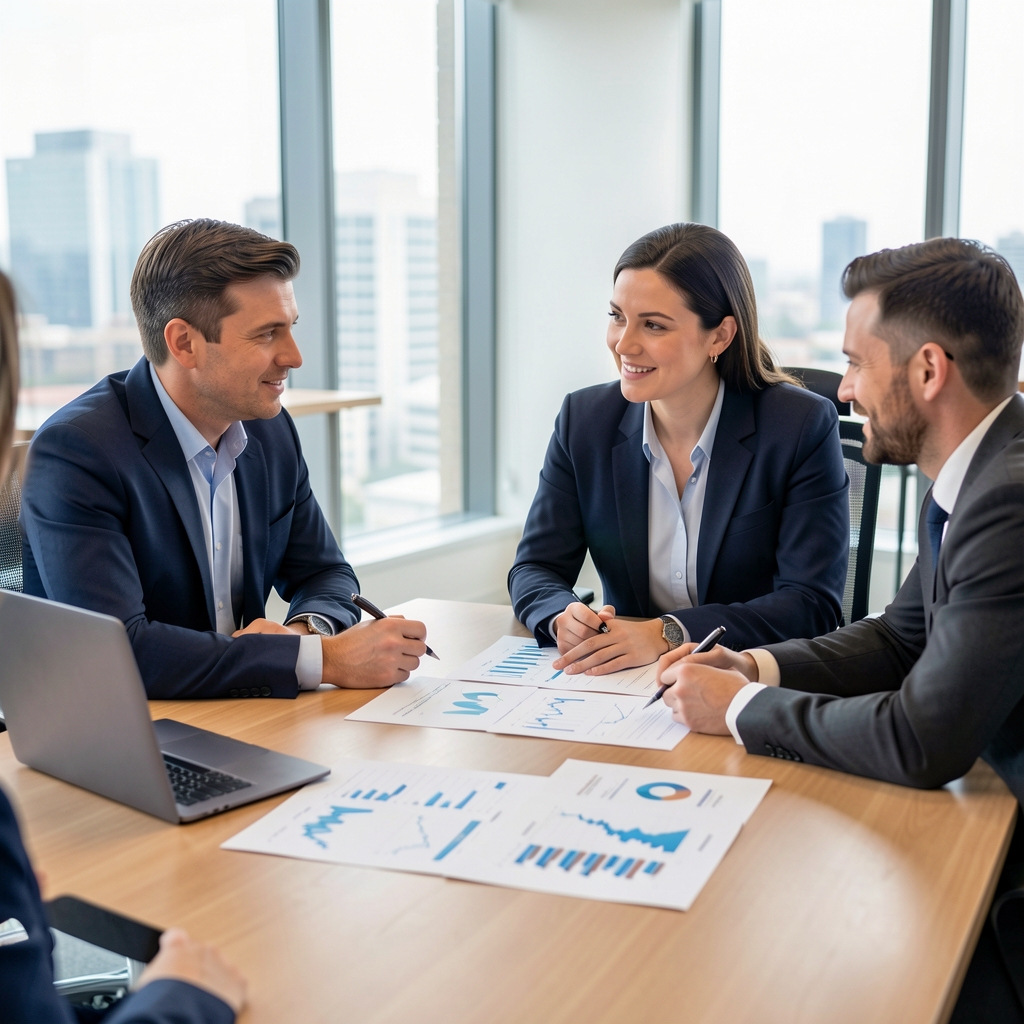 Reunión de negocios con dos personas discutiendo resultados financieros sobre una mesa con gráficos impresos y una laptop
