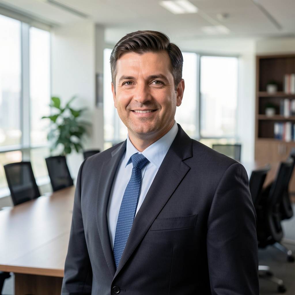 Retrato profesional de hombre coordinador de auditoría de unos 42 años con traje oscuro en sala de reuniones corporativa