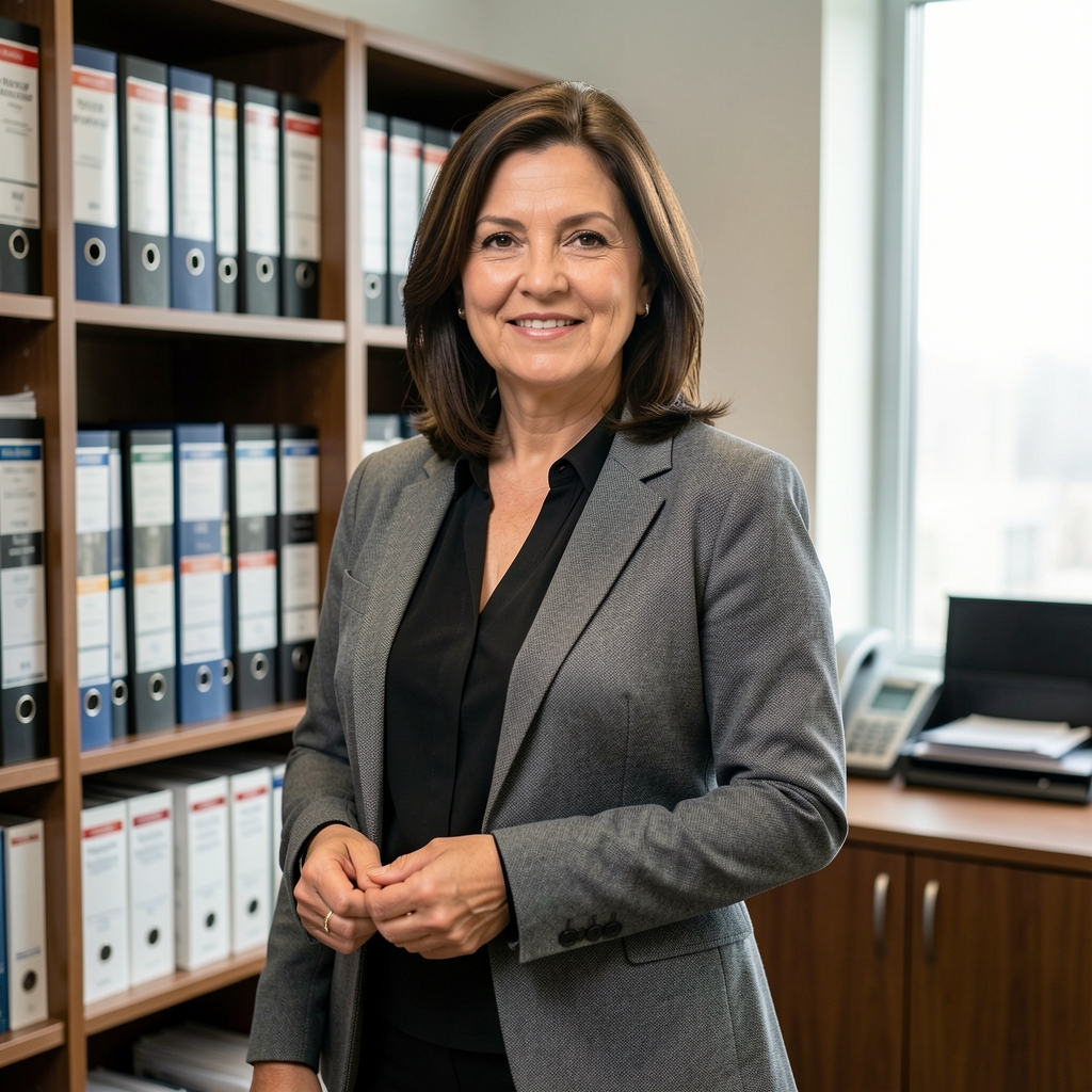 Retrato profesional de mujer contadora pública de unos 45 años con blazer gris posando en oficina con estantería de libros contables
