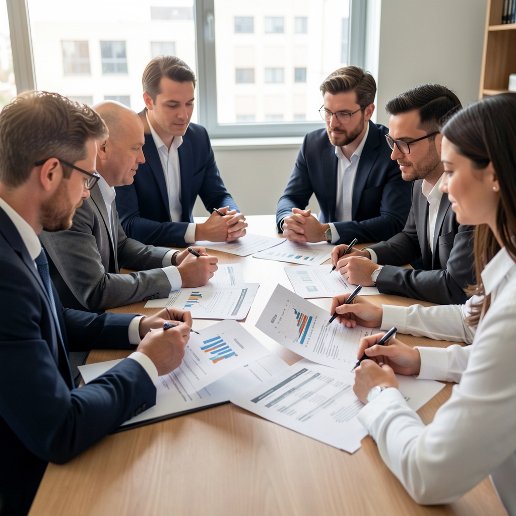 Equipo de analistas financieros reunidos alrededor de una mesa revisando gráficos y reportes impresos de estados financieros