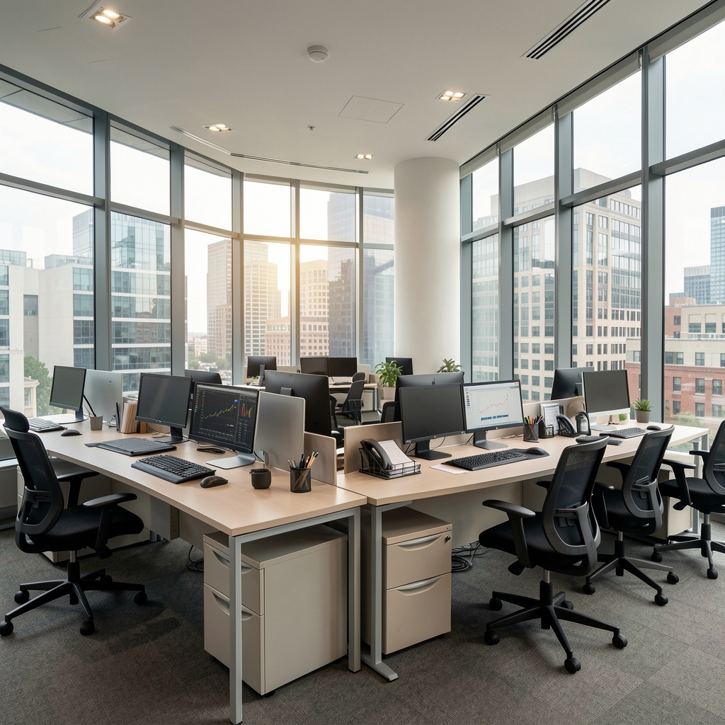 Vista de oficina de análisis financiero en un edificio corporativo del centro de Buenos Aires con escritorios ordenados y ventanales amplios