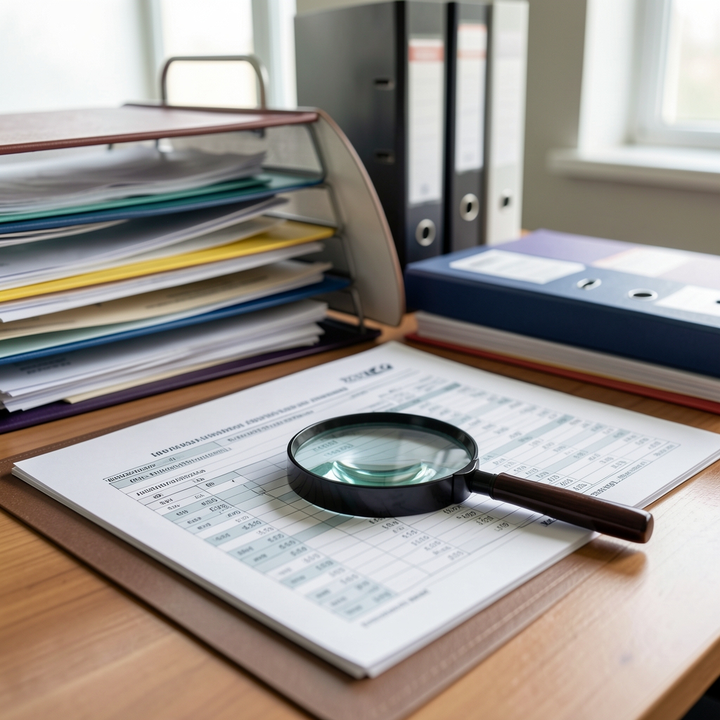 Documentos de auditoría contable con una lupa sobre una tabla de cifras y carpetas archivadas en una oficina