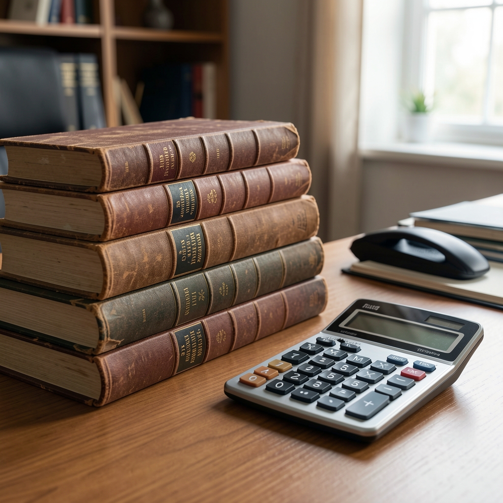 Libros contables antiguos y modernos apilados junto a una calculadora de escritorio sobre una mesa de oficina