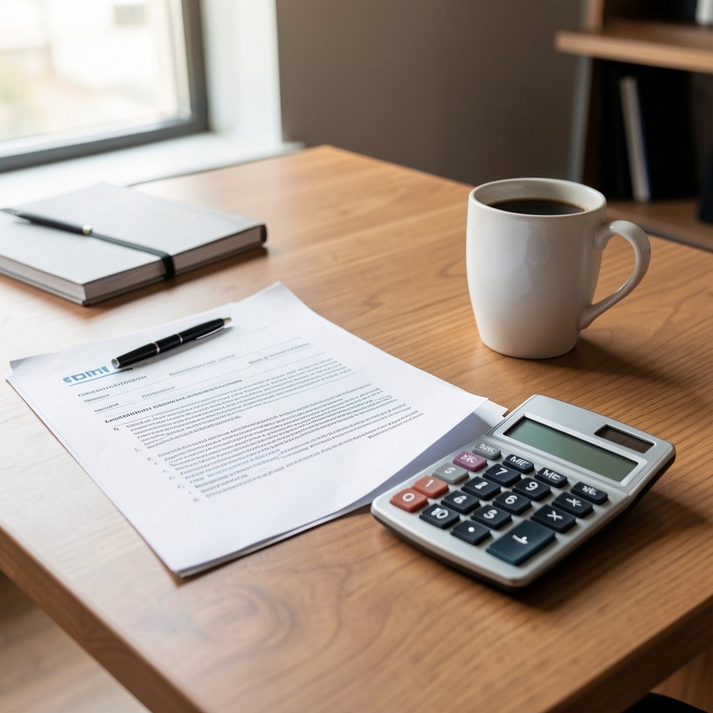 Documentos de planificación tributaria y calculadora sobre un escritorio de oficina junto a una taza de café