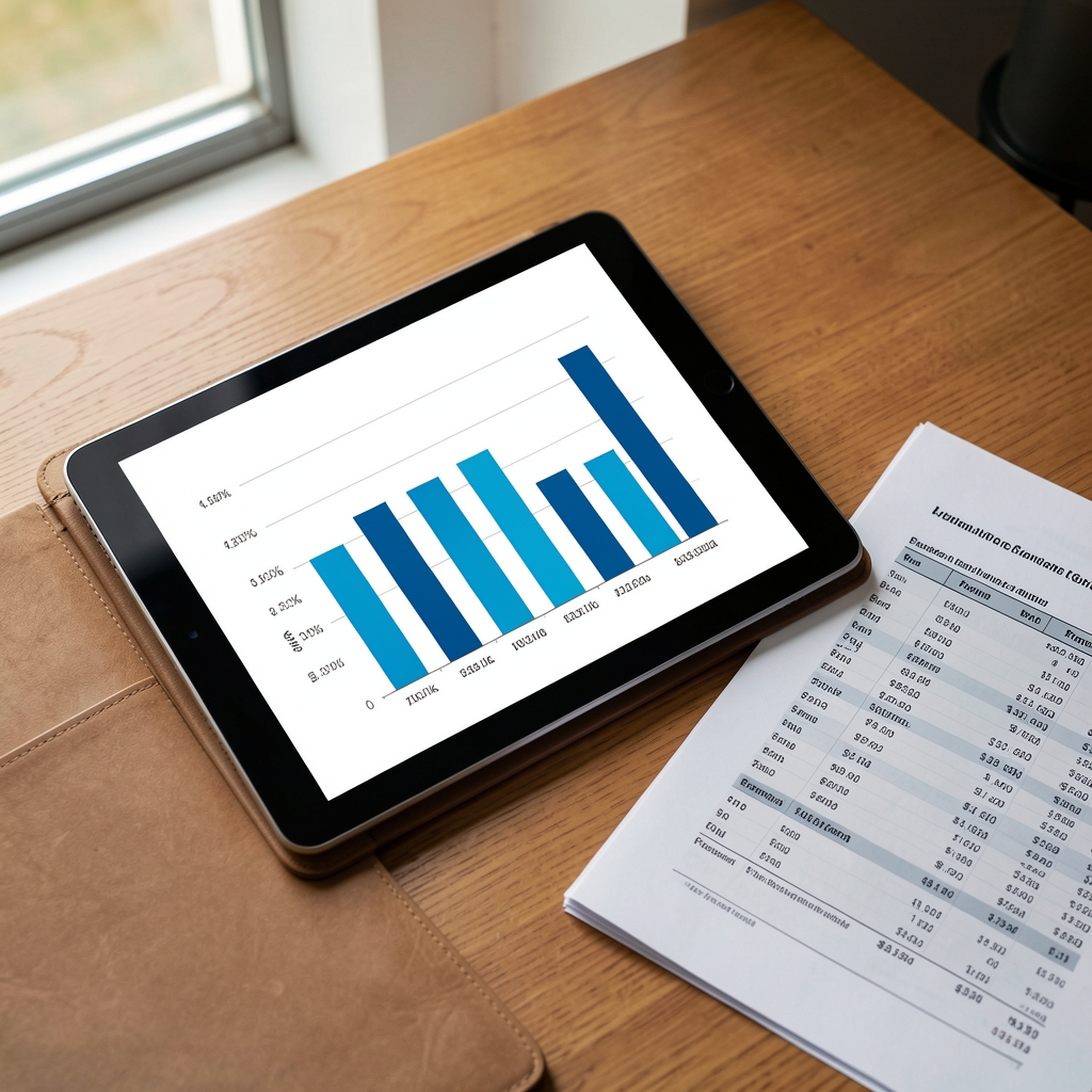 Tablet mostrando gráfico de barras con ratios financieros sobre un escritorio junto a documentos de balance impresos